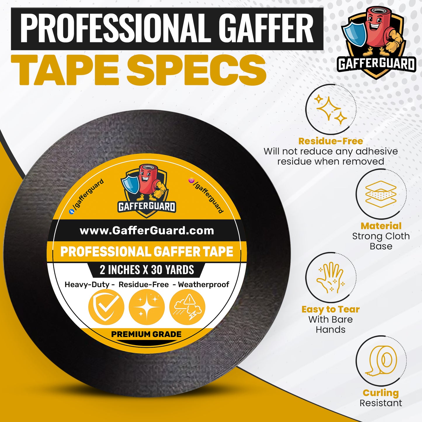 GafferGuard Premium Black Gaffer Tape, Professional Grade, Heavy Duty, Non-Reflective, Multipurpose, 2 Inches x 30 Yards